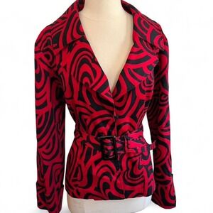 Donna Moore Red Black Psychedelic Swirl Belted Blazer Jacket Womens Large